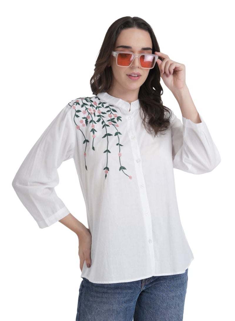 Elegant White Cotton Shirt with Cascading Floral Embroidery - Women's Casual Button-Down Top - Image 1