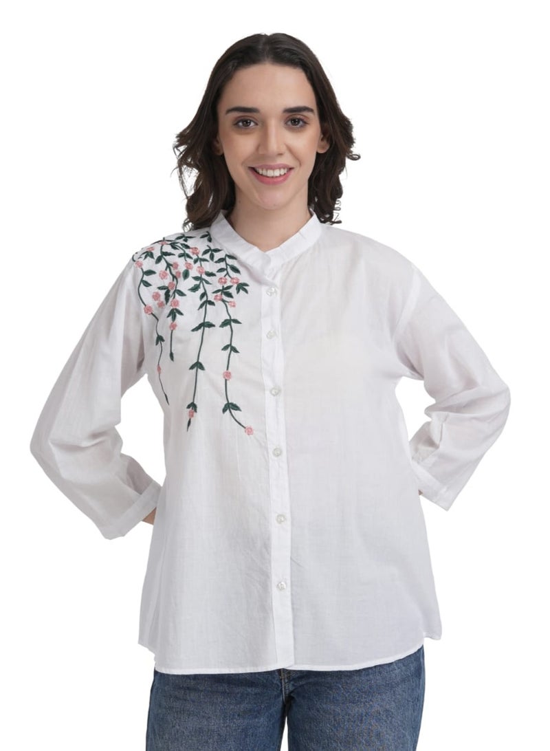 Elegant White Cotton Shirt with Cascading Floral Embroidery - Women's Casual Button-Down Top - Image 2