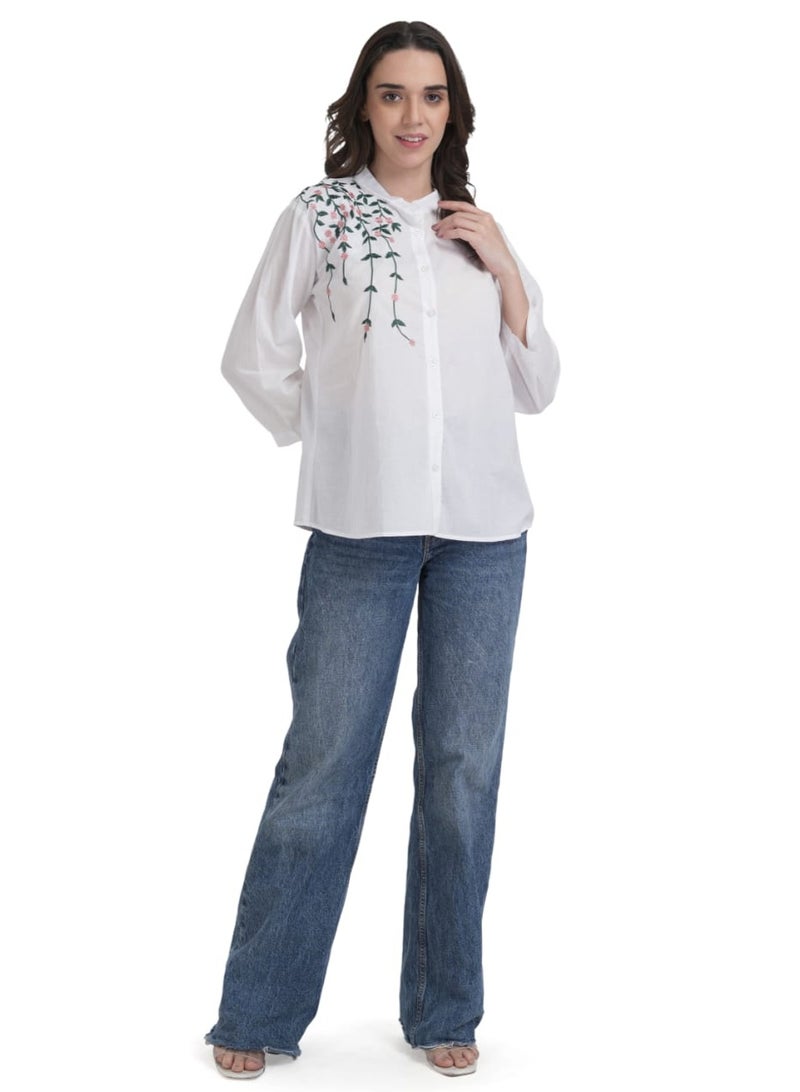 Elegant White Cotton Shirt with Cascading Floral Embroidery - Women's Casual Button-Down Top - Image 3
