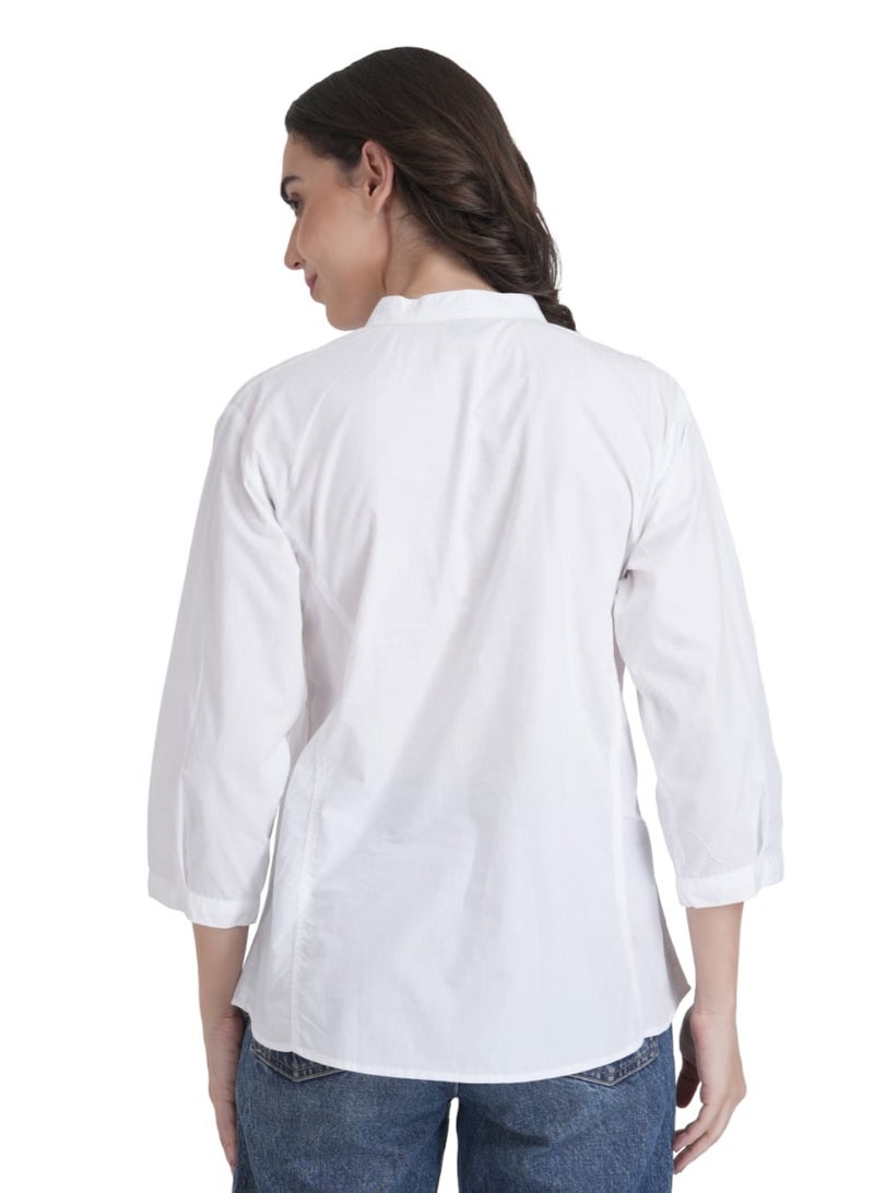 Elegant White Cotton Shirt with Cascading Floral Embroidery - Women's Casual Button-Down Top - Image 4