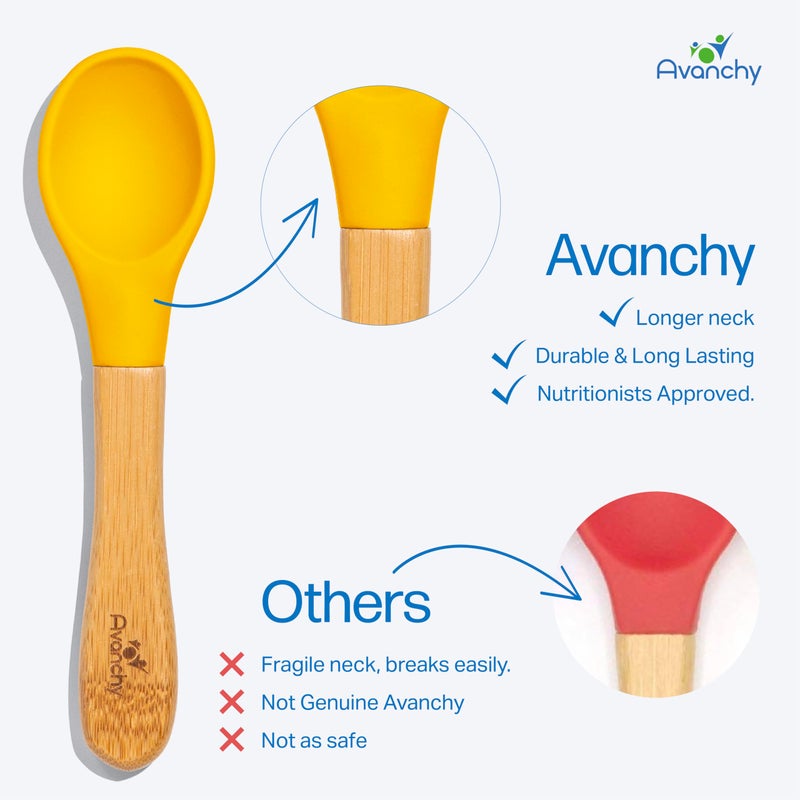 Avanchy Baby Spoons 5 Bamboo and Silicone Set, Self Feeding Food Utensils, 4 Months Baby Led Weaning, 5 Pack W/Pink - Image 3