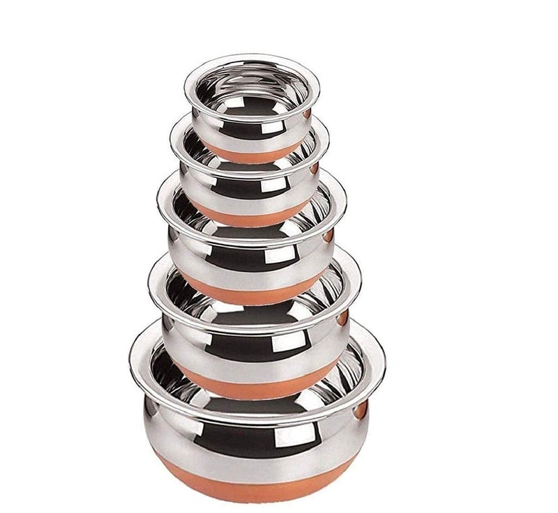 Dezzy Stainless Steel Copper Bottom Kitchen ServingCooking Bowl Handi Biryani HandiBiryani Punjabi Pot Pan Combo Handi Set 5 Piece Without lid Size 21 L 16 L 11 L 08 L 05 L - Image 1