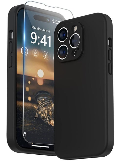 Designed for iPhone 14 Pro Max Case with Screen Protector, (with Camera Protection + Soft Microfiber Lining) Liquid Silicone Phone Case, Black