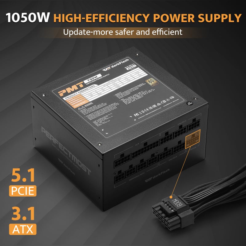 darkFlash PMT1050 Fully Modular Power Supply ATX 3.1& PCIe 5.1 Ready, 12VHPWR Cable Included, 100% Japanese 105Â°C Capacitors, 80 Plus Gold Gaming PSU, Compact 150mm Size, 5 Year Warranty(Black) - Image 2