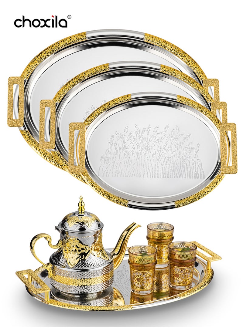 choxila 3pcs/set Oval Tray with Handles, Wheat Pattern - A versatile serving tray, snack tray, storage tray, and   decorative tray. Perfect as a housewarming or holiday gift, ideal for afternoon tea, bedrooms, living rooms,   family parties, camping, and cafés. - Image 3