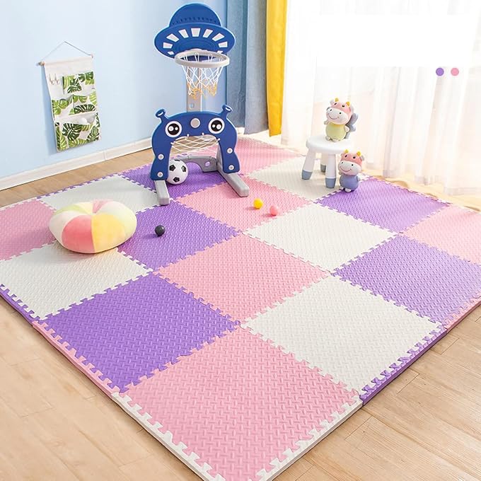 SIGNATRON Fitness Puzzle Mat, Gym Floor Mat, Exercise Mat, EVA Foam Interlocking Tiles, Flooring for Home Gym Equipment and Workouts, 12mm (Purple - Pink - White, 8 Tiles - 32 Square Feet) - Image 3