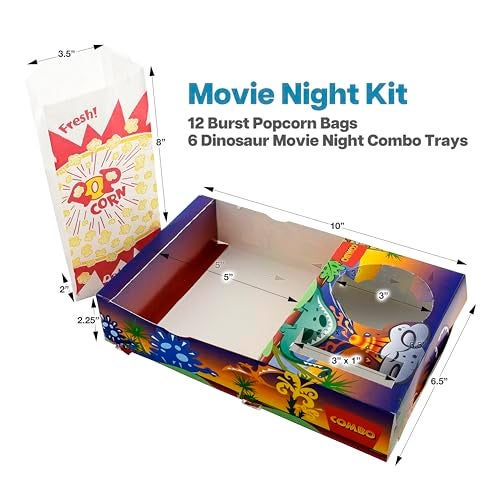 SNAPPY Movie Night Kit 18 Pcs - Burst Design Popcorn Bags (12ct) & Dinosaur Kids Movie Night Snack Trays (6ct) - Home Theater Snack Boxes Family Movie Night - Image 2