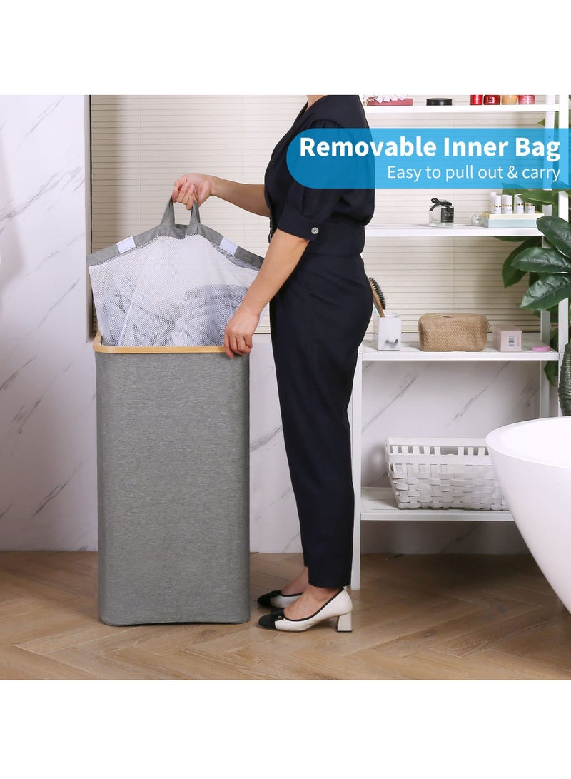 SYOSI Laundry Hamper with Lid, 100l Large Laundry Basket with Bamboo Handles, Freestanding Collapsible Laundry Hamper with Inner Bag for Clothes,Toys, Blankets, Towels Storage Bedroom and Bathroom, Grey  - Image 4