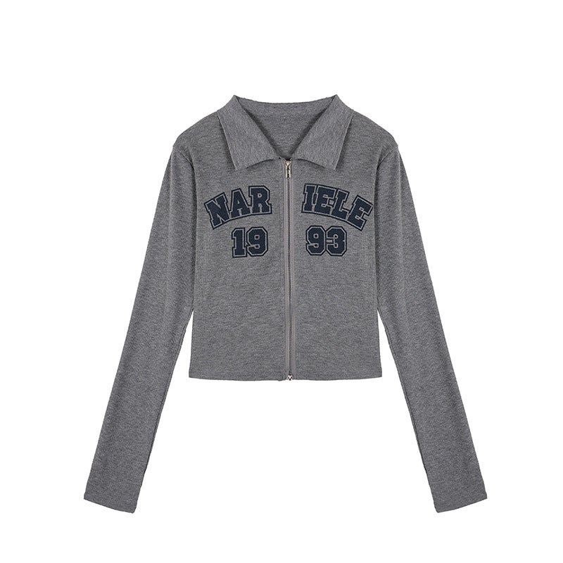 Spring and Autumn American-style Waffled Polo Collar Letter Printed Zipper Cardigan Womens Design Sense Long-sleeved T-shirt Short Top Gray