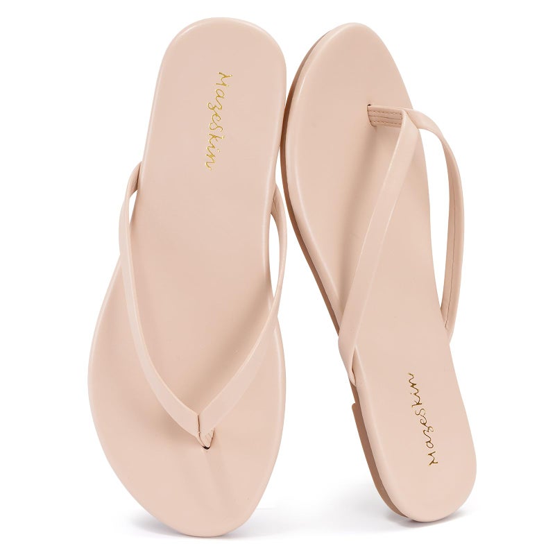 mazeskin Women's Memory Foam Comfortable Flat Thong Sandals Dressy Summer Beach Leather Slide Flip Flops,Beige US8 - Image 1
