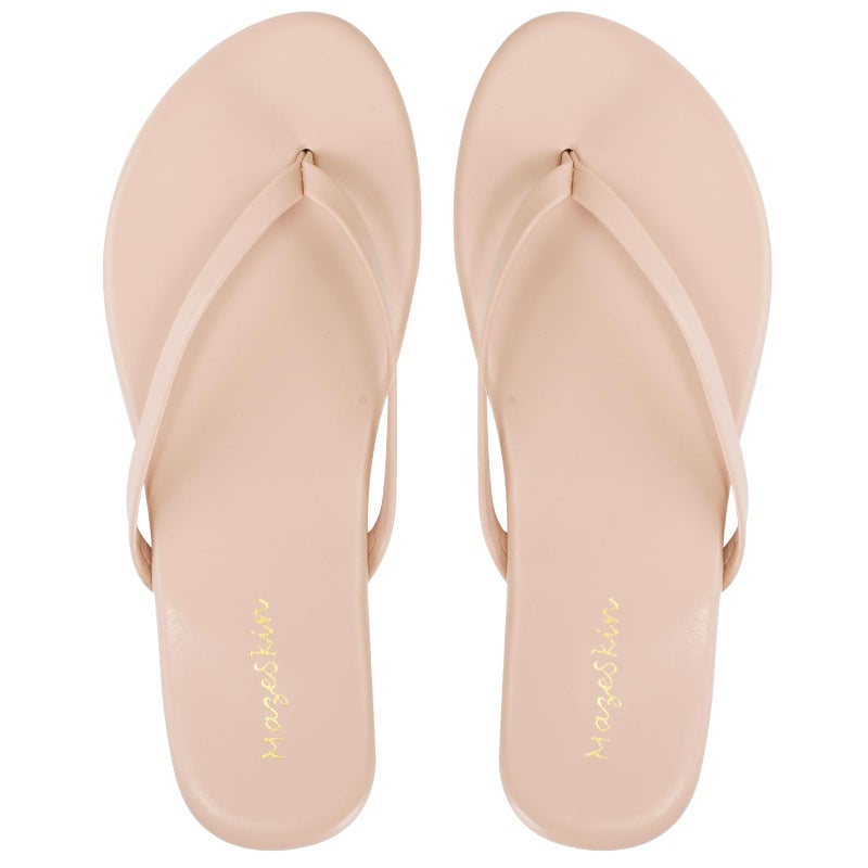 mazeskin Women's Memory Foam Comfortable Flat Thong Sandals Dressy Summer Beach Leather Slide Flip Flops,Beige US8 - Image 5