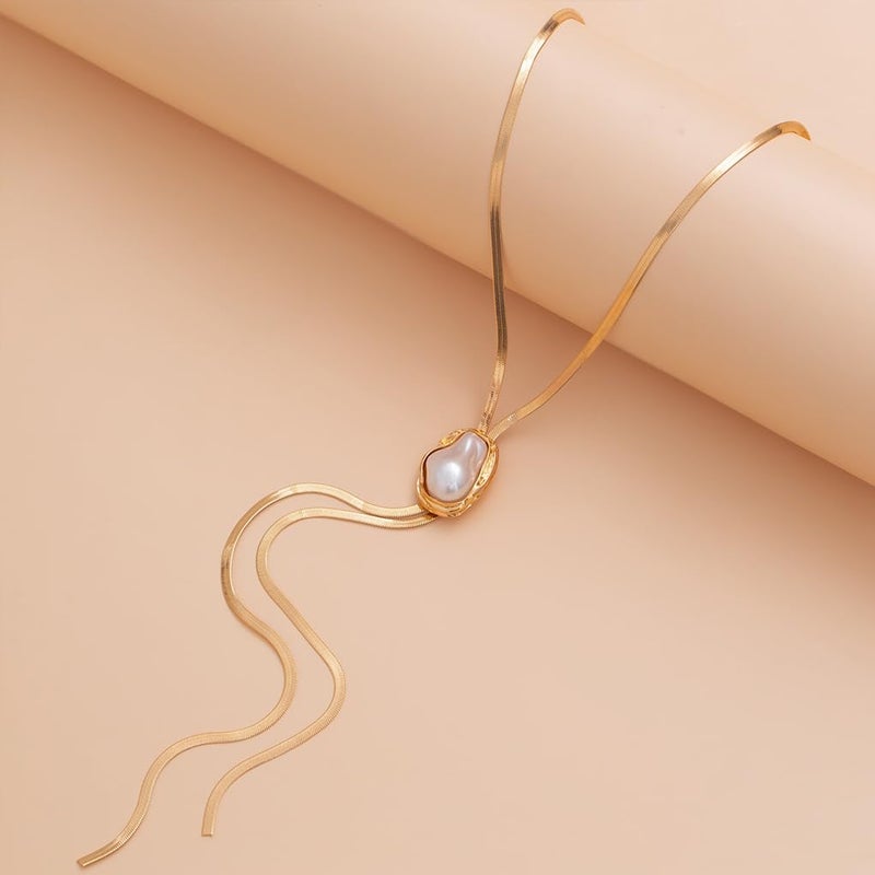 FUTIMELY Dainty Gold Lariat Statement Necklaces for Women,14K Gold Plated Herringbone Chain Necklace Party Prom Adjustable Holiday Jewelry Gifts (Pearl Gold) - Image 5