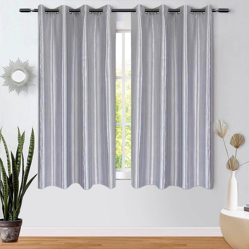 WUBODTI Silver Curtains 63 Inch Length 2 Panels Modern Metallic Faux Silk Curtain Drapes Room Darkening Grommet Satin Window Drapes for Bedroom Kids Room Kitchen Small Windows
