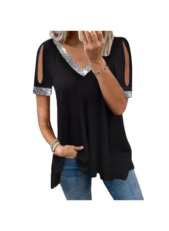 Independent Station European And American Spring And Summer New Off-shoulder Fashion Solid Color Sequin Women's T-shirt Top