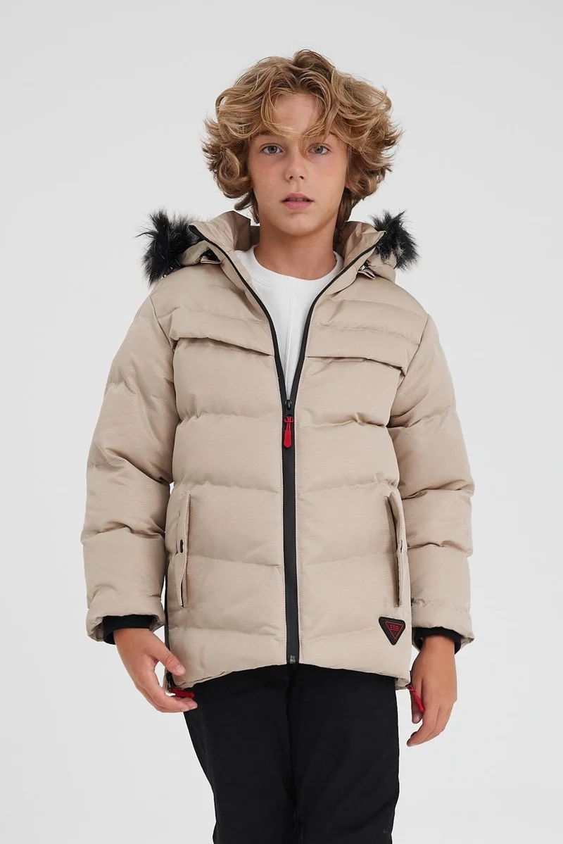 Sivaist Cream Removable Hooded Furry Thick Puffer Boy's Coat & Jacket