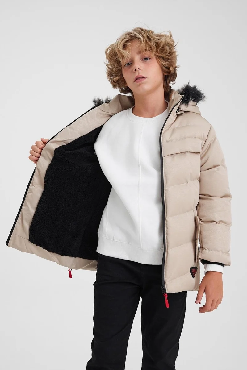 Sivaist Cream Removable Hooded Furry Thick Puffer Boy's Coat & Jacket