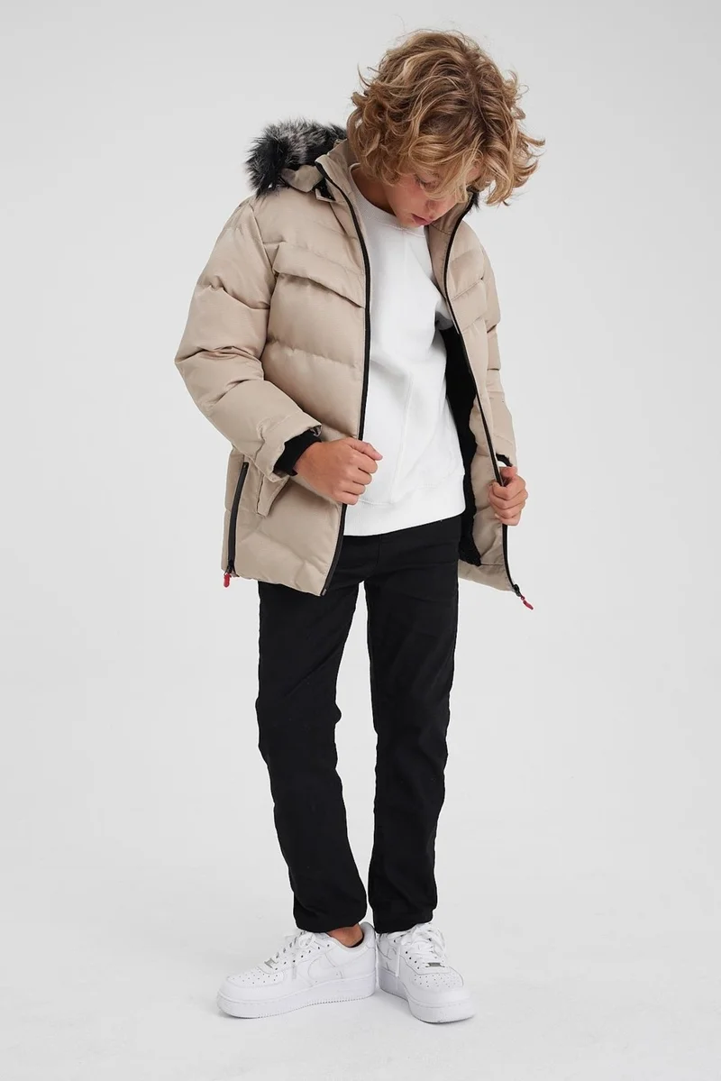 Sivaist Cream Removable Hooded Furry Thick Puffer Boy's Coat & Jacket