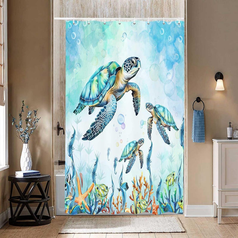 Merchr Sea Turtle Surtain Surtain Coastal Beach Decoration Stertics Nautical Shower Stertains للحمام - Image 2