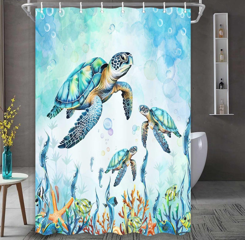 Merchr Sea Turtle Surtain Surtain Coastal Beach Decoration Stertics Nautical Shower Stertains للحمام - Image 1