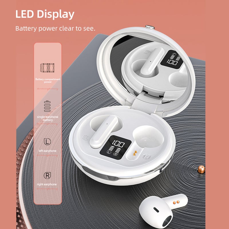 Wireless Earbuds: White Bluetooth Headphones - Mirror Charging Case, 13mm Dynamic Driver, Active Noise Cancellation for Travel, Daily Use & Handsfree Calling - Image 3