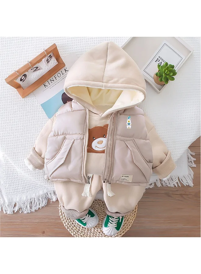 LITTLE SURPRISE BOX Light Brown Puffer Jacket And Matching Track Suit 3 Pcs Winterwear Set For Toddlers And Kids