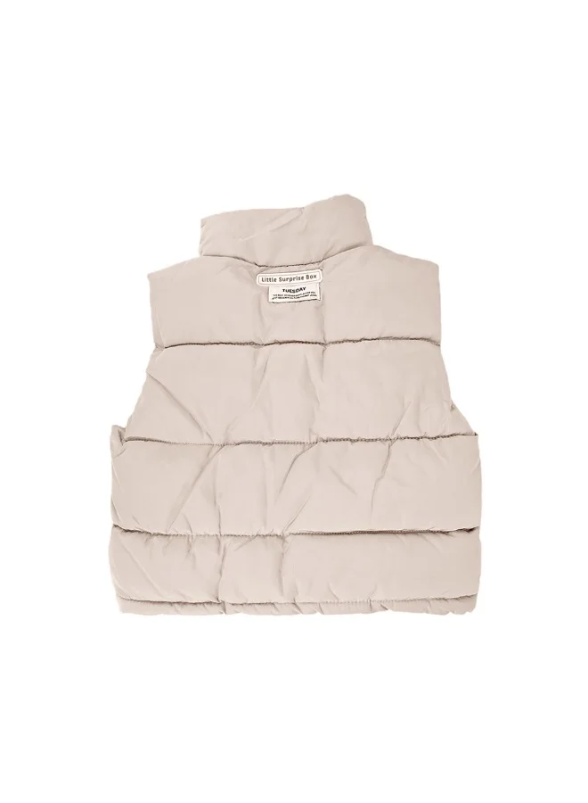 LITTLE SURPRISE BOX Light Brown Puffer Jacket And Matching Track Suit 3 Pcs Winterwear Set For Toddlers And Kids