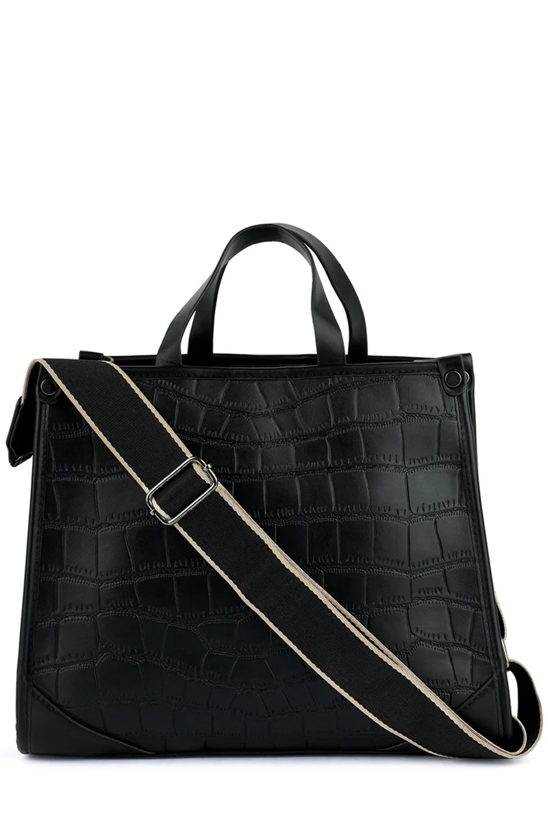 London Rag Croco Faux Leather Hand Bag in Black