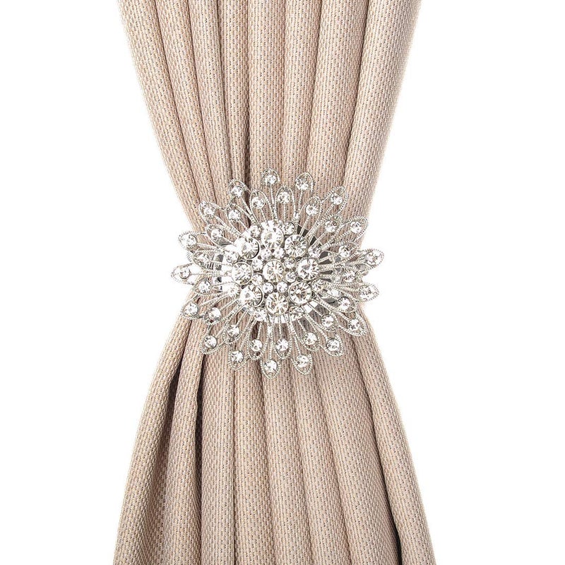 SUQ I OME Luxury Big Crystal Magnetic Curtain Tieback Flower Curtain Clips Buckle with Stretchy Wire Rope for Home Office DecorationSilver C2PCS