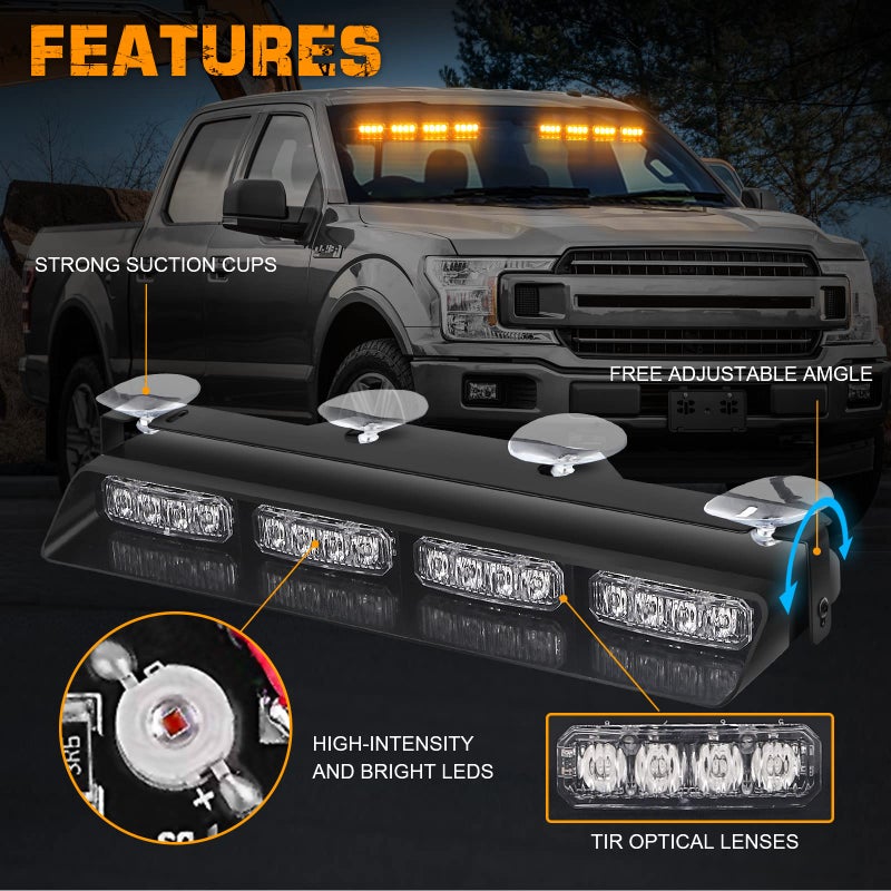 XRIDONSEN Emergency Dash Strobe Lights Amber Safety Flashing Warning w/Digital Display Controller Interior Front/Rear Windshield Deck Split Light Bar for Construction Vehicles Trucks (2x14 inch) - Image 3