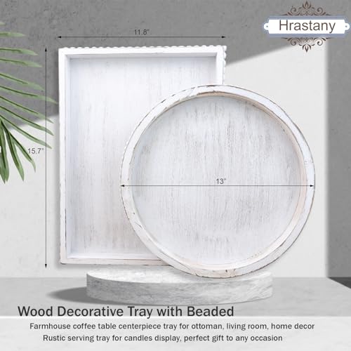 Hrastany Round Wood Serving Tray with Beaded, 13” Rustic Wooden Decorative Coffee Table Tray for Centerpiece, Ottoman, Farmhouse Circle Trays for Counter, Living Room, Home Decor (Whitewashed) - Image 4