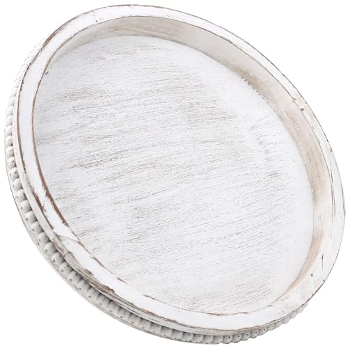 Hrastany Round Wood Serving Tray with Beaded, 13” Rustic Wooden Decorative Coffee Table Tray for Centerpiece, Ottoman, Farmhouse Circle Trays for Counter, Living Room, Home Decor (Whitewashed) - Image 1