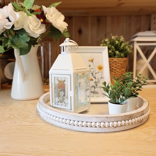 Hrastany Round Wood Serving Tray with Beaded, 13” Rustic Wooden Decorative Coffee Table Tray for Centerpiece, Ottoman, Farmhouse Circle Trays for Counter, Living Room, Home Decor (Whitewashed) - Image 2