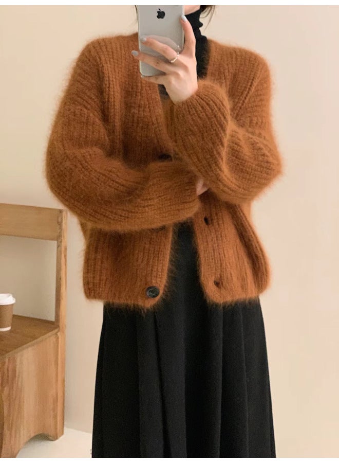 Leyuan Autumn Winter New Faux Mink Velvet Solid Color V-neck Knitted Cardigan Long Sleeve Coat Loose Lazy Style Women's Sweater - Image 1