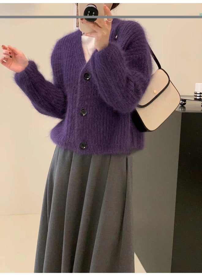 Leyuan Autumn Winter New Faux Mink Velvet Solid Color V-neck Knitted Cardigan Long Sleeve Coat Loose Lazy Style Women's Sweater - Image 4