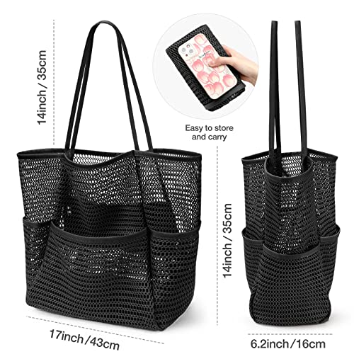KPX Beach Bag with Mini Pocket Summer Beach Tote Bags for Women Large Foldable Mesh Swimming Pool Travel Bags Sandproof Black - Image 3