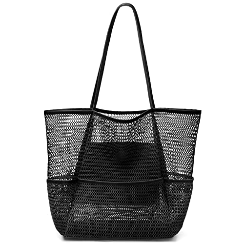 KPX Beach Bag with Mini Pocket Summer Beach Tote Bags for Women Large Foldable Mesh Swimming Pool Travel Bags Sandproof Black - Image 1
