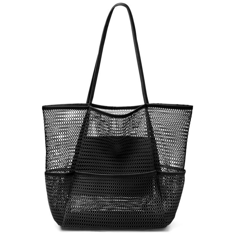 KPX Beach Bag with Mini Pocket Summer Beach Tote Bags for Women Large Foldable Mesh Swimming Pool Travel Bags Sandproof Black - Image 2