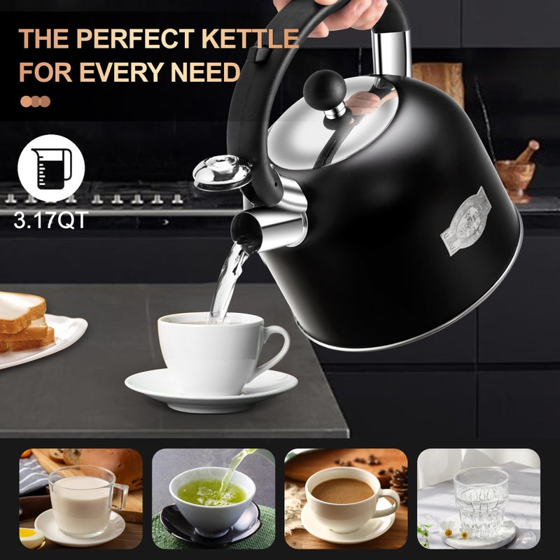 SUSTEAS Tea Kettle - 3.17QT Whistling Kettle with Ergonomic Handle - Premium Stainless Steel Tea Pots for Stove Top, Chic Vintage Teapot with Composite Base, Work for All Stovetops (Black) - Image 3