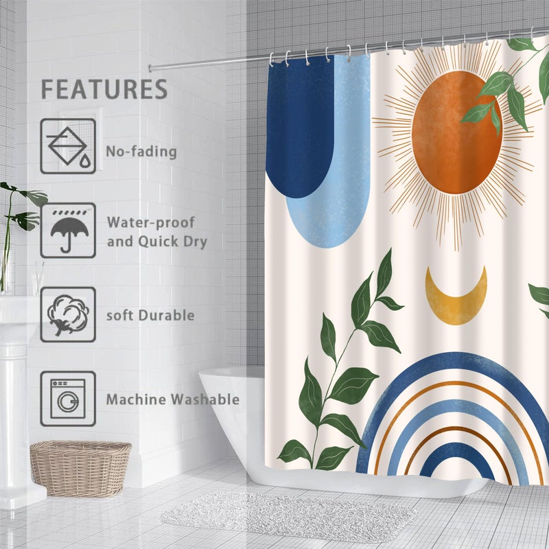 GHROIEP MID Century Abstract Boho جمالية الستار الستار مجموعة الأزرق الطبيعة شمس أشعة الشمس الحديثة ديكور الستار الحمام المنزل مع 12 خطاف عرض 84 بوصة * 72 بوصة عالية - Image 3