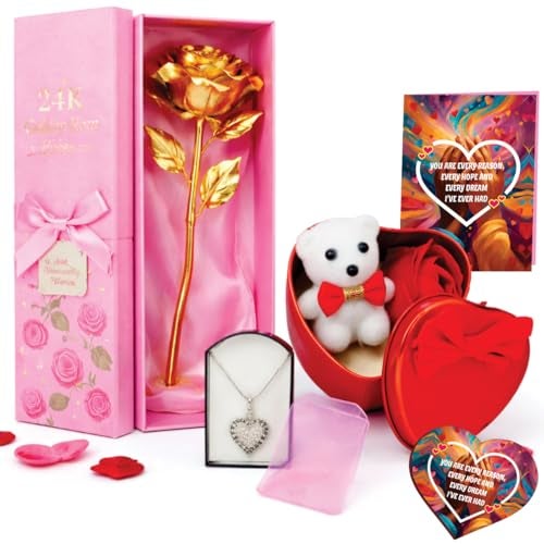 PICRAZEE Romantic Valentine Gift for Girlfriend/Wife (Gold Rose, Teddy & Rose in Heart Shape Metal Box, Heart Pendant, G-Card, Fridge Magnet) Gift for Her, Women, Girls - Image 1