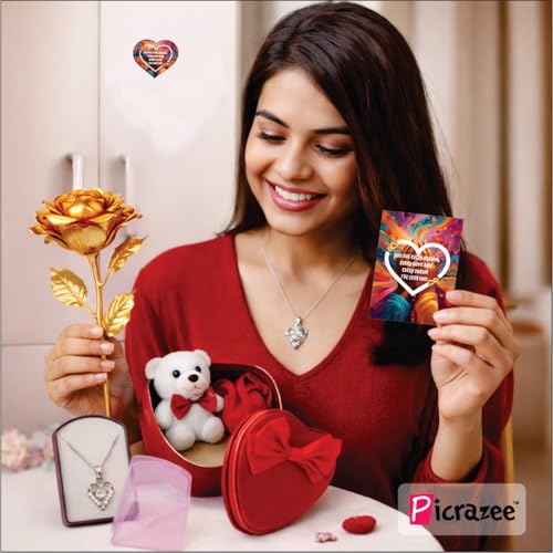 PICRAZEE Romantic Valentine Gift for Girlfriend/Wife (Gold Rose, Teddy & Rose in Heart Shape Metal Box, Heart Pendant, G-Card, Fridge Magnet) Gift for Her, Women, Girls - Image 2