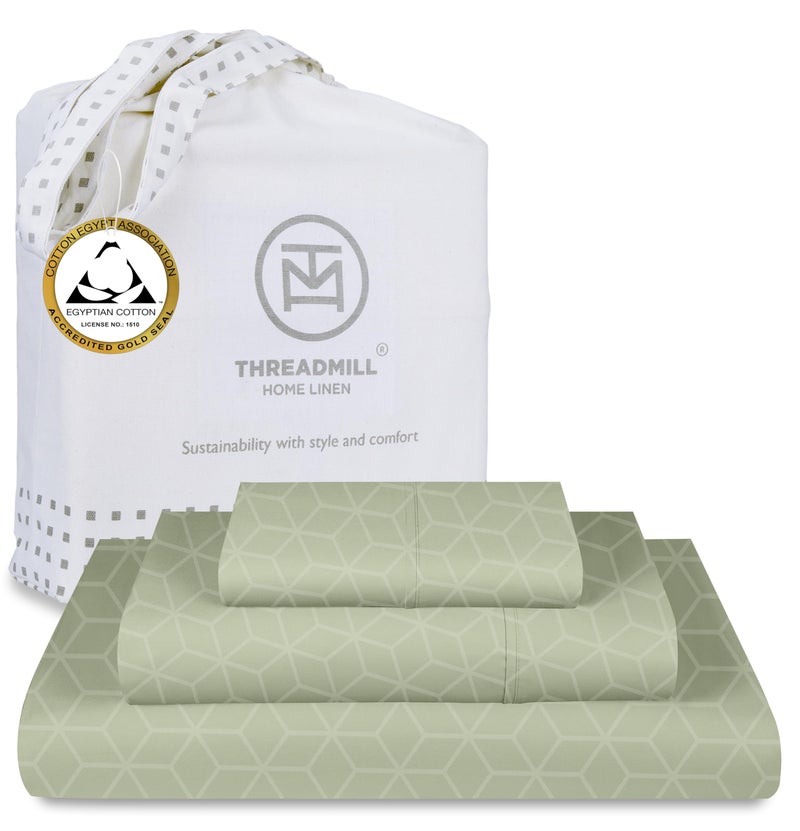 Threadmill Egyptian Cotton Twin XL Sheet Set  100 Certified Egyptian Cotton Sheets for Twin XL Size Bed  Damask Jacquard Twin XL Bed Sheets Deep Pocket  Soft 3 Pc Cooling Sheet Set  Sage Green