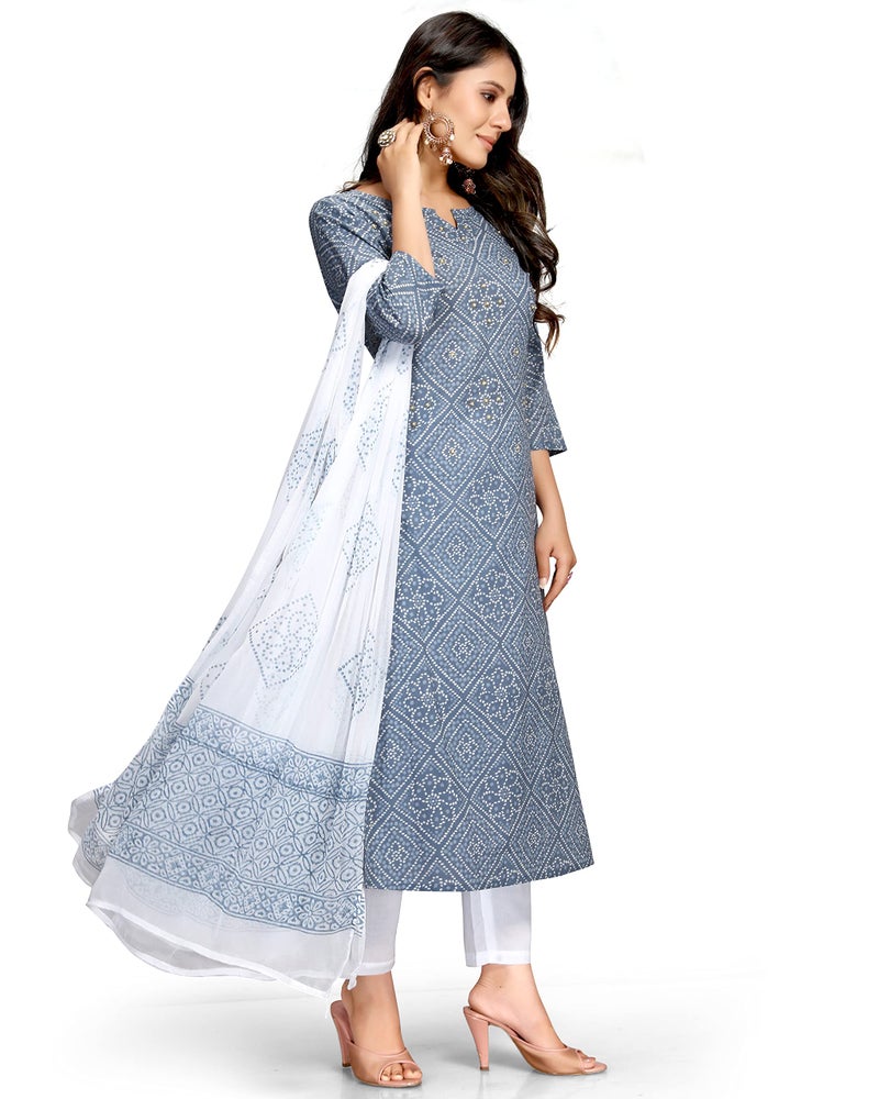 Rajnandini Women's Pure Cambric Cotton Embroidered Kurta Set with Dupatta (JOPLVL212-XXL_Grey & White_XXL) - Image 4