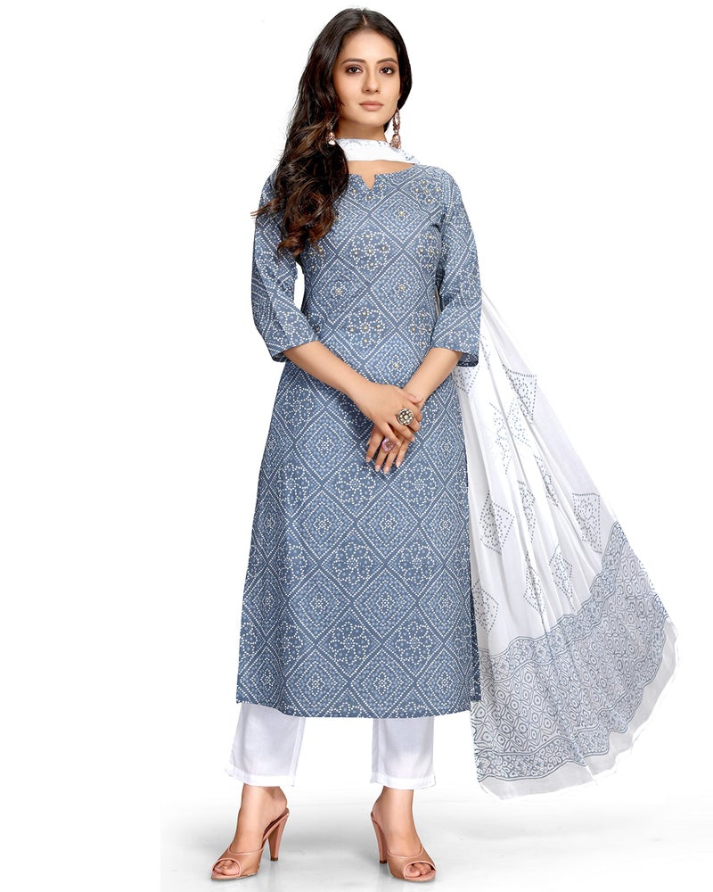 Rajnandini Women's Pure Cambric Cotton Embroidered Kurta Set with Dupatta (JOPLVL212-XXL_Grey & White_XXL) - Image 1