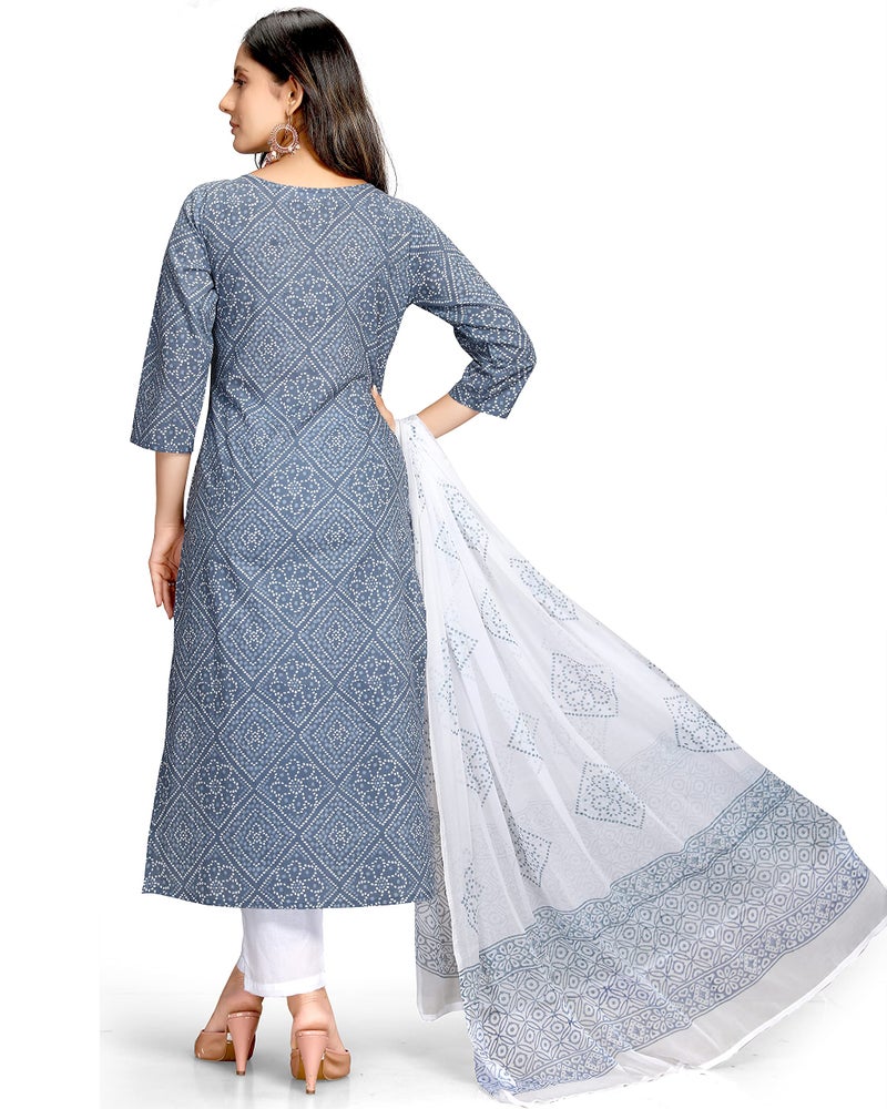 Rajnandini Women's Pure Cambric Cotton Embroidered Kurta Set with Dupatta (JOPLVL212-XXL_Grey & White_XXL) - Image 2