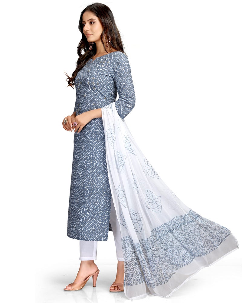 Rajnandini Women's Pure Cambric Cotton Embroidered Kurta Set with Dupatta (JOPLVL212-XXL_Grey & White_XXL) - Image 3