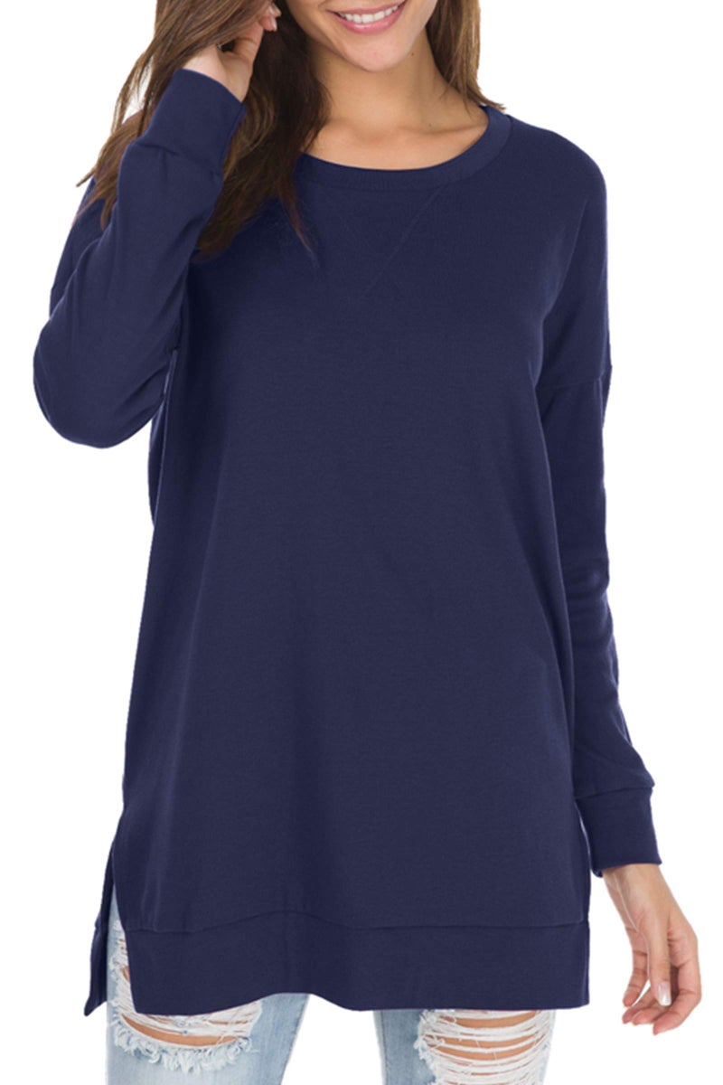 levaca Womens Oversize Plain Side Split Loose Casual Baggy Pullover Deep Blue M - Image 5