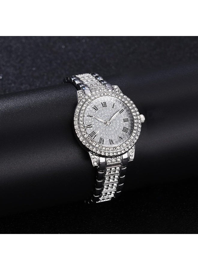XR72208 Luxurious Bling Full-Crystal Decorated Women Wristwatch Retro Classic Watch with Roman Numerals Analog Quartz Wristband Stylish Dress Watch with Alloy Strap-SiIver - Image 5