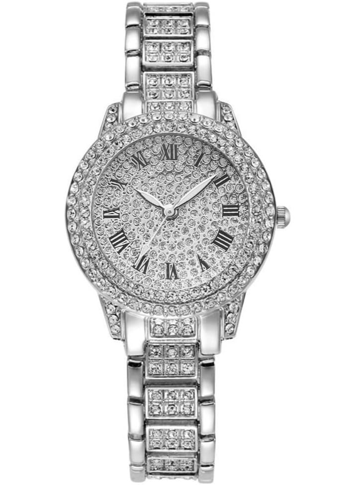 XR72208 Luxurious Bling Full-Crystal Decorated Women Wristwatch Retro Classic Watch with Roman Numerals Analog Quartz Wristband Stylish Dress Watch with Alloy Strap-SiIver - Image 1