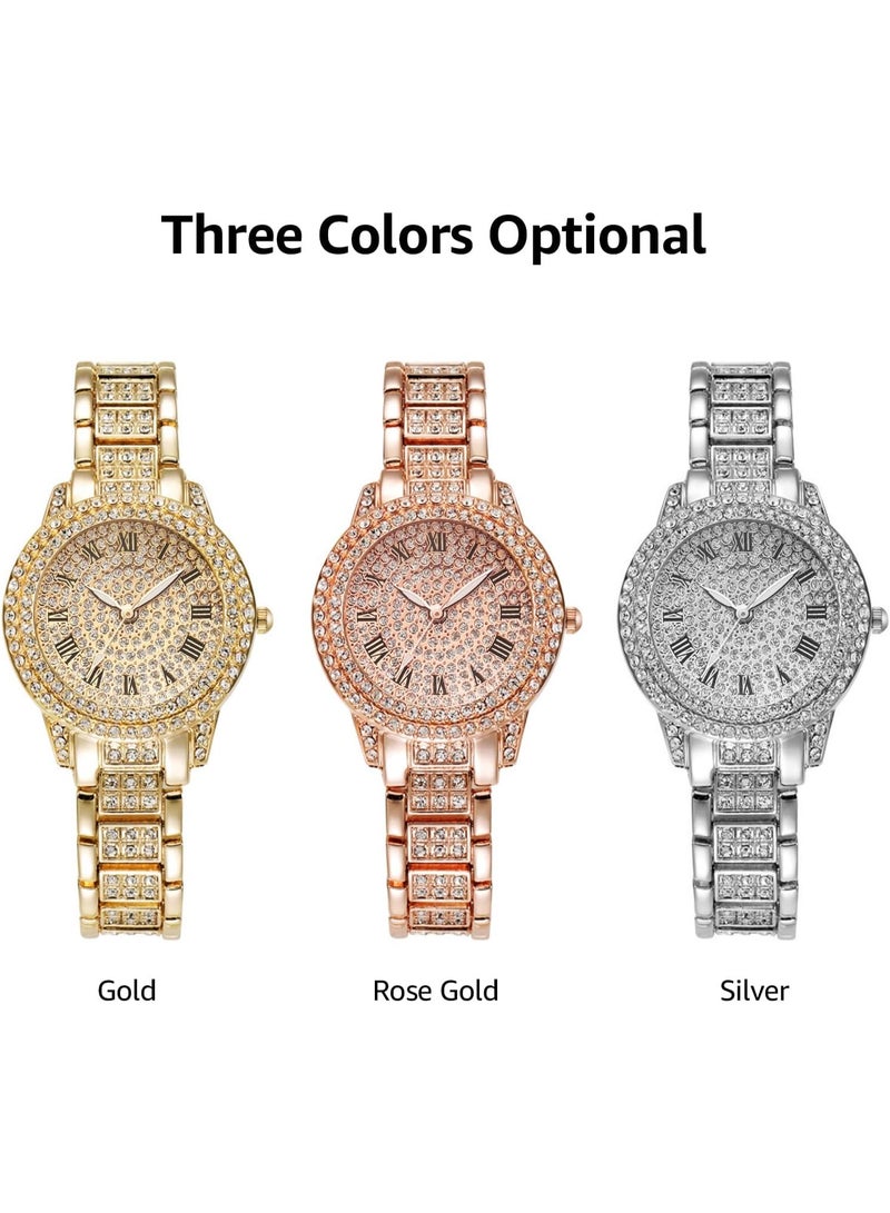 XR72208 Luxurious Bling Full-Crystal Decorated Women Wristwatch Retro Classic Watch with Roman Numerals Analog Quartz Wristband Stylish Dress Watch with Alloy Strap-SiIver - Image 2